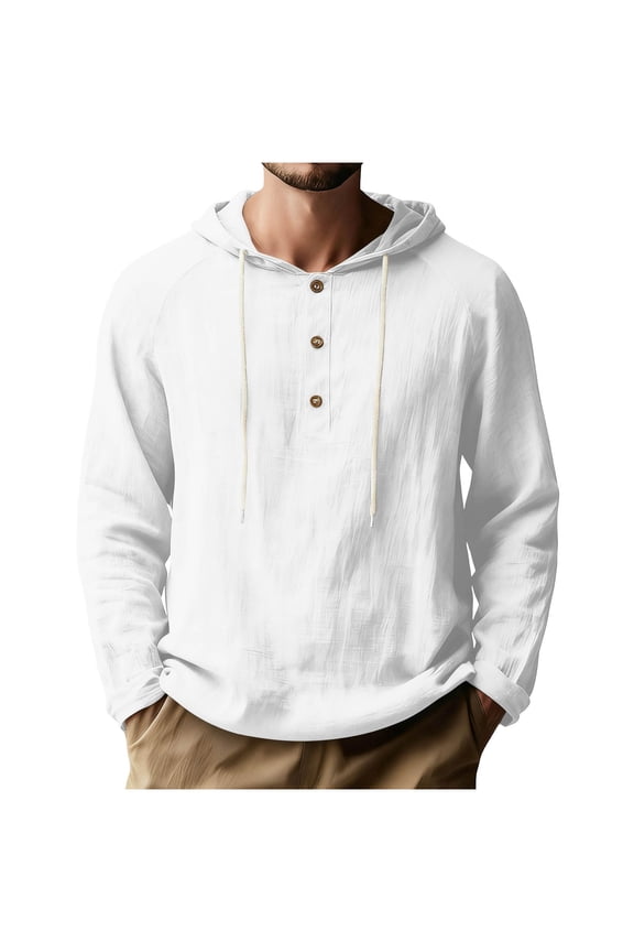 Mens Cotton Linen Hooded Shirts Long Sleeve Button Casual Hoodies Drawstring Lightweight Summer Workout Vacation Tee Shirts