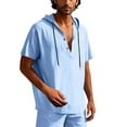 thumbnail image 1 of Mens Cotton Linen Hooded T-Shirts, Short Sleeve Shirts for Men Summer Casual Loose Fit Solid Color Button Up Hoodies Big and Tall, 1 of 6