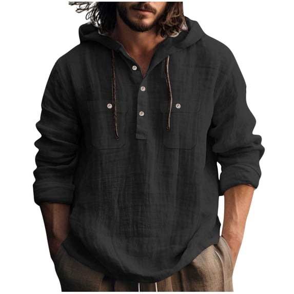 Mens Cotton Linen Hoodies, Long Sleeve Shirts for Men Fall Lightweight Casual Vintage Solid Color Button Up Drawstring Hooded Dressy Blouses M-3XL