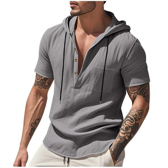 Mens Cotton Linen Hoodies Short Sleeve Drawstring Hooded Beach Hippie Henley Shirts Lightweight Casual Blouse Tops