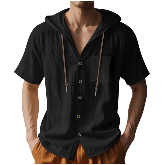 Mens Cotton Linen Hoodies, Short Sleeve Shirts for Men Summer Casual Lightweight Hooded Button Down Tshirts with Pockets