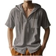thumbnail image 1 of Mens Cotton Linen Hoodies, Short Sleeve Shirts for Men Summer Casual Lightweight Hooded Button Down Tshirts with Pockets, 1 of 6
