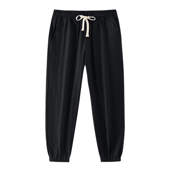 Mens Cotton Linen Jogger Sweatpants Lightweight Cuffed Pants with Pockets Casual Travel Black 2XL