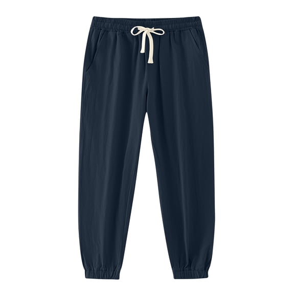 Mens Cotton Linen Jogger Sweatpants Lightweight Cuffed Pants with Pockets Casual Travel Navy L