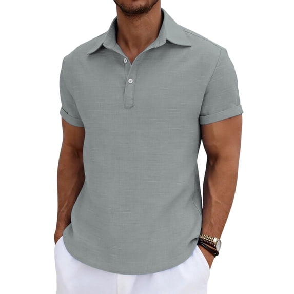 Mens Cotton Linen Lapel T-Shirts, Short Sleeve Shirts for Men Casual Lightweight Vintage Solid Color Button Up Dressy Blouses Summer Tops