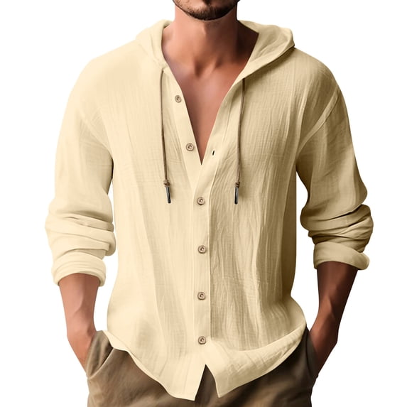 Mens Cotton Linen Long Sleeve Button Down Shirts Casual Hawaiian Beach Shirts Lightweight Fashion Hoodies Size 3XL Beige