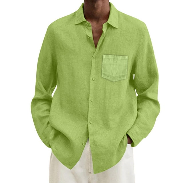 Mens Cotton Linen Long Sleeve Dress Shirt Classic Point Collar Button Up Breathable Relaxed Fit Casual Work Wear,Mint Green,L