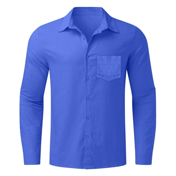 Mens Cotton Linen Long Sleeve Dress Shirt Classic Point Collar Button Up Breathable Relaxed Fit Casual Work Wear,Z010-Blue,M