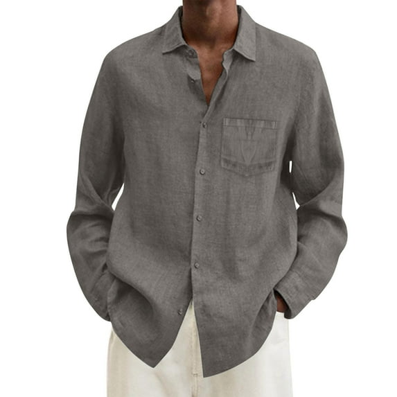 Mens Cotton Linen Long Sleeve Dress Shirt Classic Point Collar Button Up Breathable Relaxed Fit Casual Work Wear,Z010-Dark Gray,L