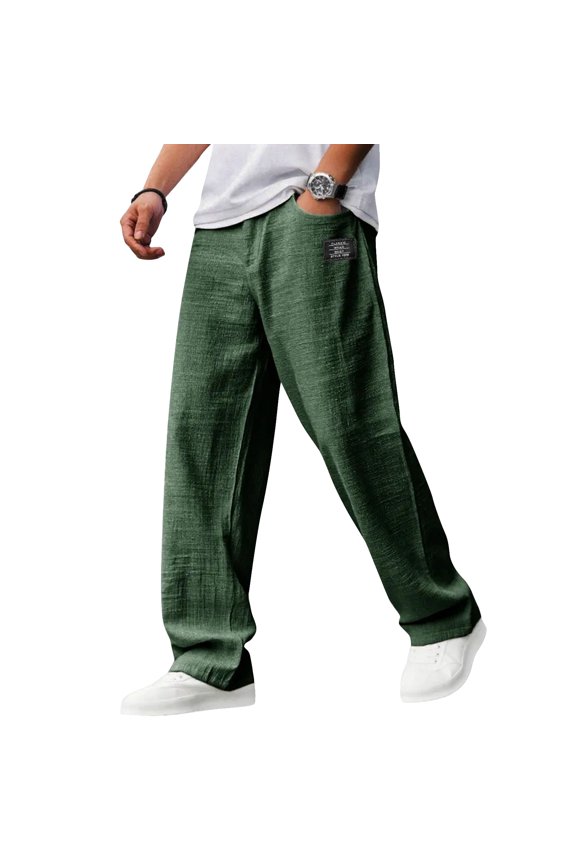 Mens Cotton Linen Pants, Casual Embroidered Logo Loose Comfort Trousers Drawstring Pockets Golf Pants Green 5XL