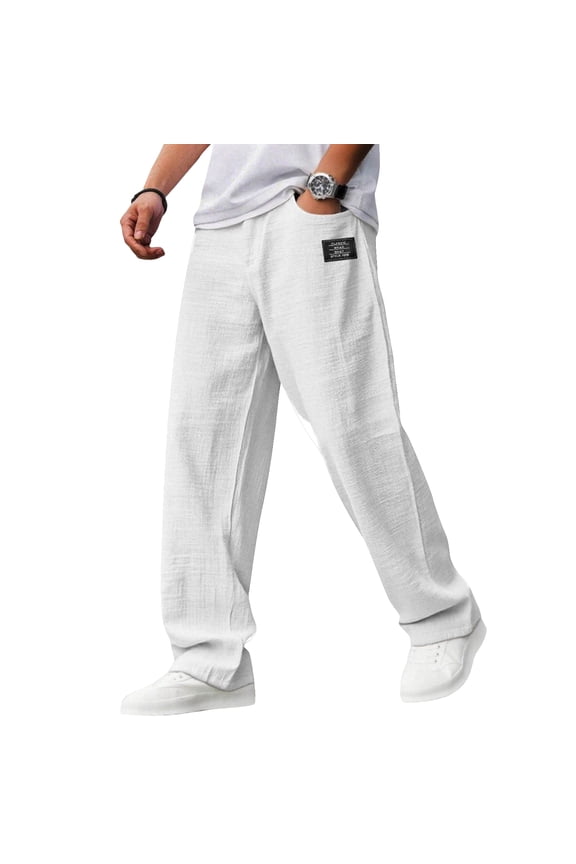 Mens Cotton Linen Pants, Casual Embroidered Logo Loose Comfort Trousers Drawstring Pockets Golf Pants White 4XL