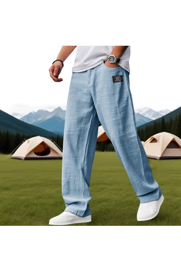Mens Cotton Linen Pants, Casual Hemp Fabric Embroidered Logo Loose Comfort Trousers Drawstring Pockets Golf Pants Light Blue L
