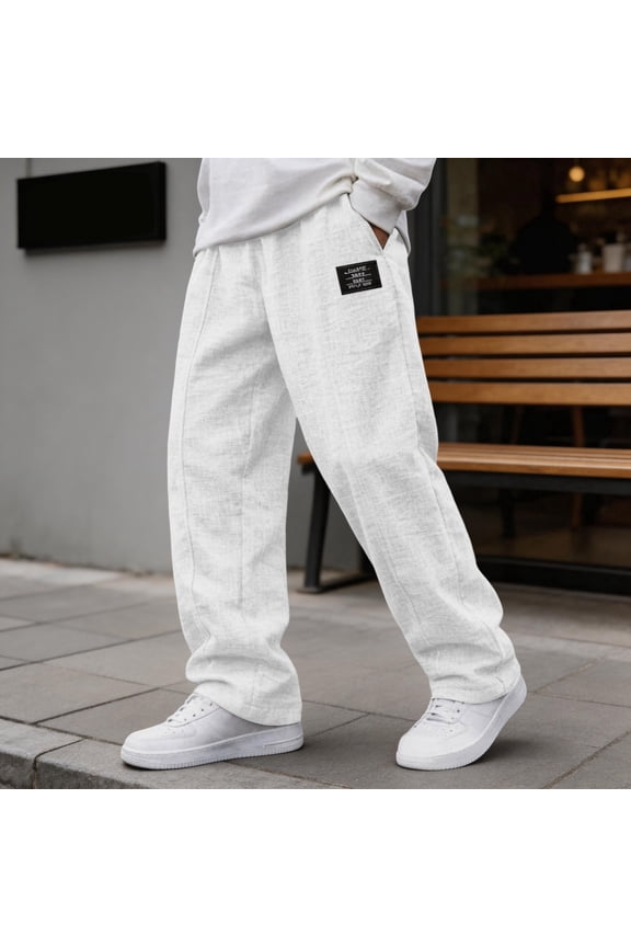 Mens Cotton Linen Pants, Casual Hemp Fabric Embroidered Logo Loose Comfort Trousers Drawstring Pockets Golf Pants White 3XL