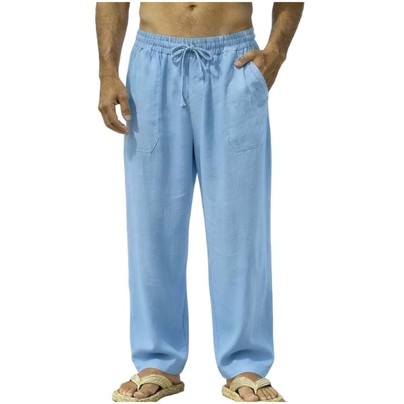 Mens Cotton Linen Pants Elastic Drawstring Waist Pockets Summer Casual Beach Trousers Fathers Gift S-5XL