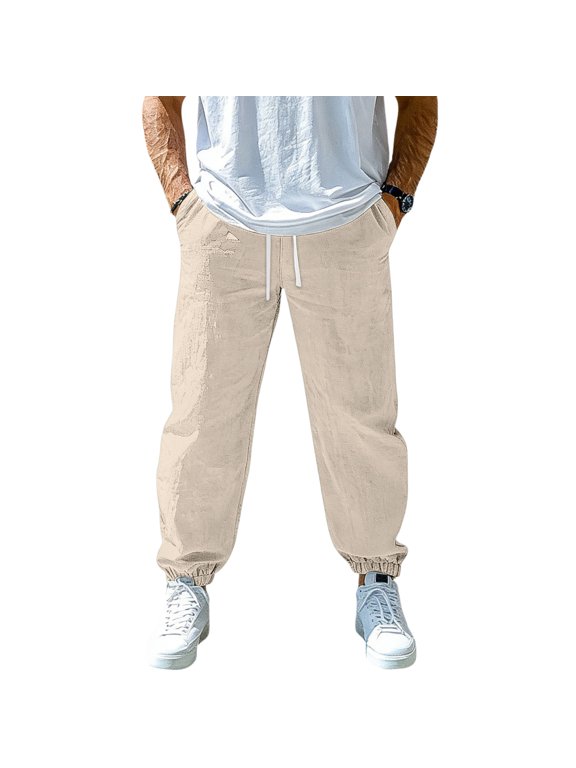 Mens Cotton Linen Pants with Elastic Waist Drawstring Straight-Legs Pants with Pockets Cotton Linen Cotton Trousers Breathable Casual Summer Beach Lightweight Linen Dress Trousers,Brown XL