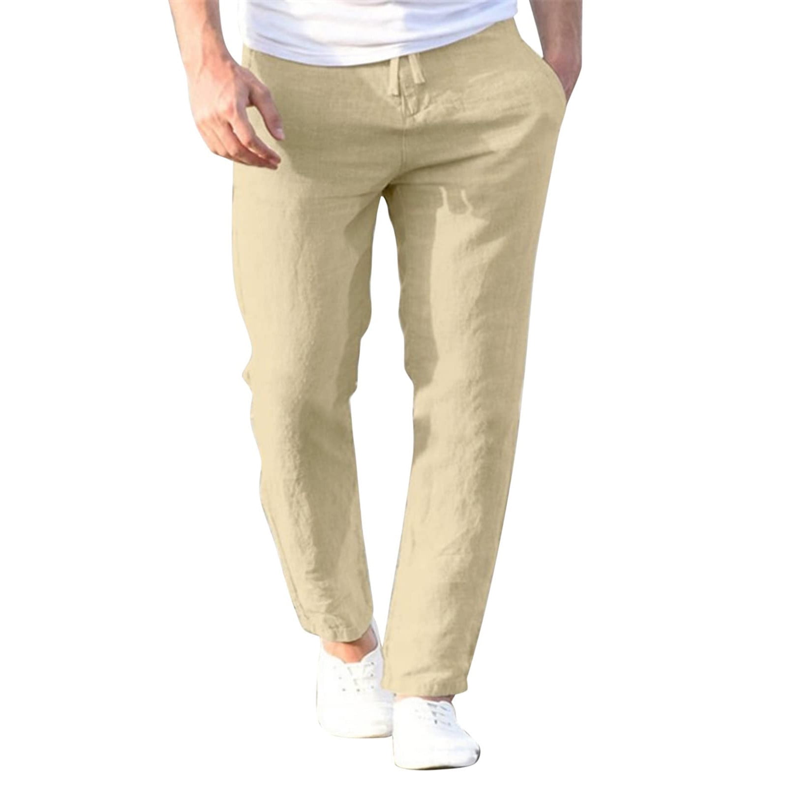 Mens Cotton Linen Pants Elastic Waist Drawstring Tapered Trousers  