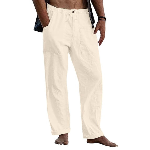 Mens Cotton Linen Pants Loose Fit Drawstring Elastic Waist Trousers with Deep Pockets Lightweight Beach Summer Fashion Pants 2XL