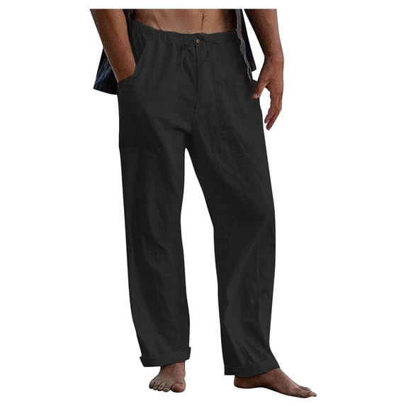 Mens Cotton Linen Pants Loose Fit Drawstring Elastic Waist Trousers with Deep Pockets Lightweight Beach Summer Fashion Pants XL