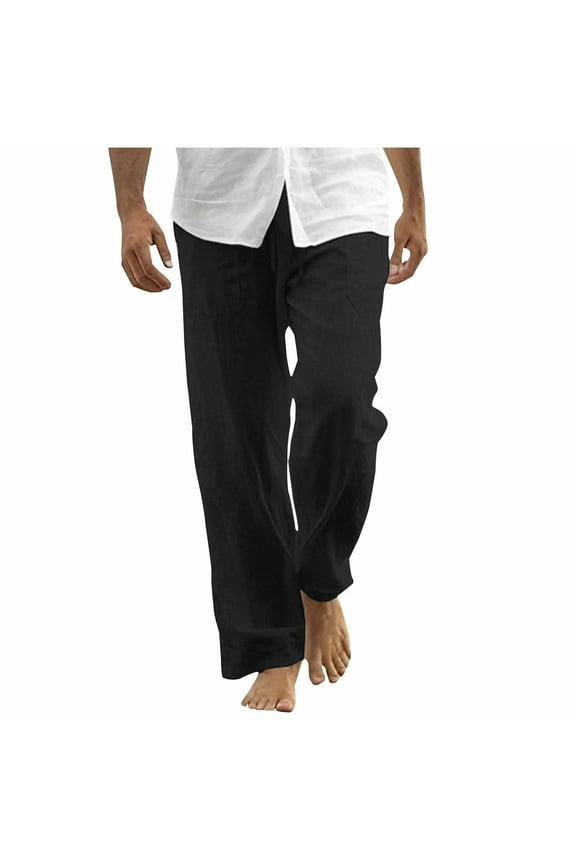 Mens Cotton Linen Pants, Summer Beach Pants Casual Loose Fit Quick Dry Trousers with Elastic Waist Drawstring S-4XL