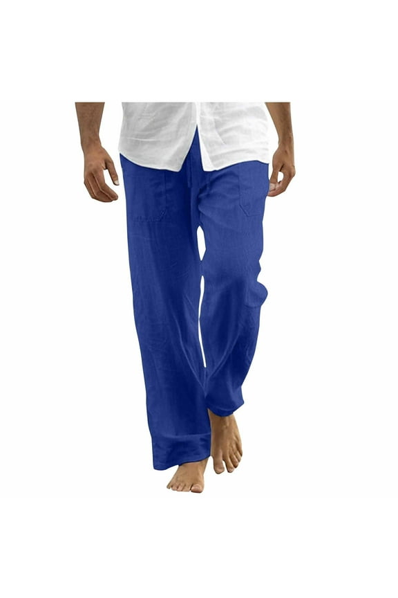 Mens Cotton Linen Pants, Summer Beach Pants Casual Loose Fit Quick Dry Trousers with Elastic Waist Drawstring S-4XL