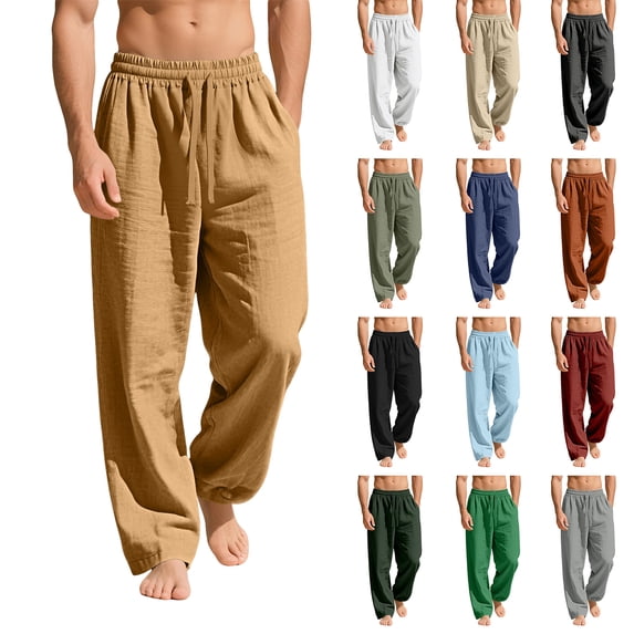 Mens Cotton Linen Pants Summer Beach Pants Casual Loose Fit with Waist Drawstring Lightweight Vacation Clothing Wine 3XL