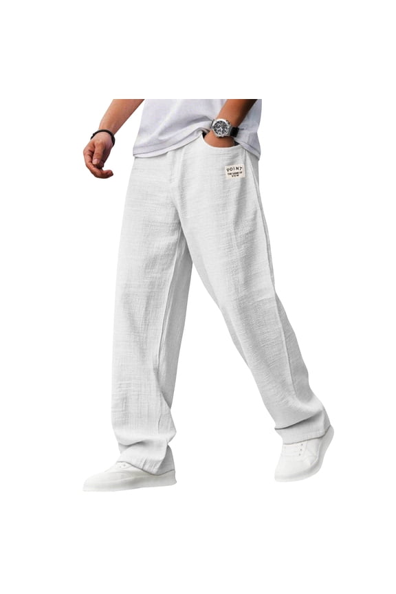 Mens Cotton Linen Pants, Summer Casual Hemp Fabric Embroidered Logo Loose Comfort Trousers Drawstring Pockets Golf Pants 3XL