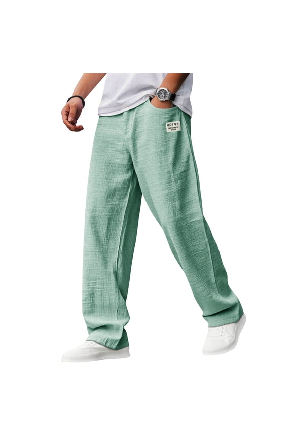 Mens Cotton Linen Pants, Summer Casual Hemp Fabric Embroidered Logo Loose Comfort Trousers Drawstring Pockets Golf Pants 5XL