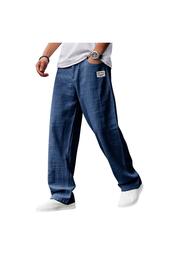 Mens Cotton Linen Pants, Summer Casual Hemp Fabric Embroidered Logo Loose Comfort Trousers Drawstring Pockets Golf Pants M