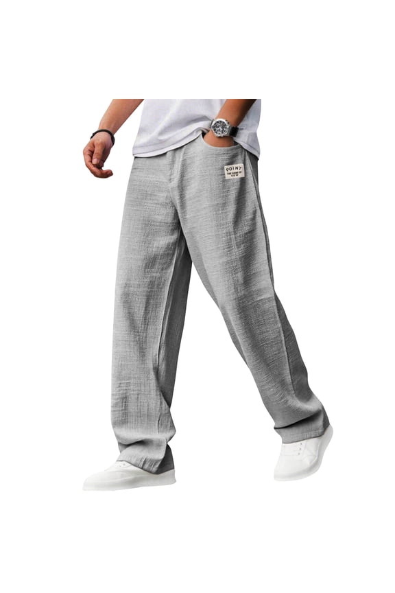 Mens Cotton Linen Pants, Summer Casual Hemp Fabric Embroidered Logo Loose Comfort Trousers Drawstring Pockets Golf Pants M