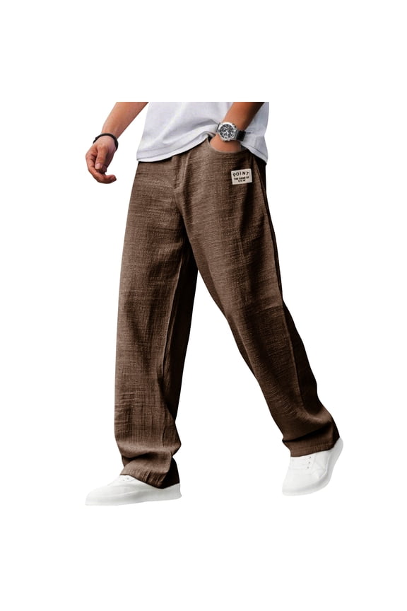Mens Cotton Linen Pants, Summer Casual Hemp Fabric Embroidered Logo Loose Comfort Trousers Drawstring Pockets Golf Pants M
