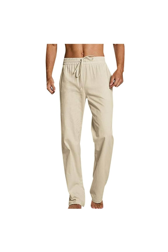 Mens Cotton Linen Pants Summer Elastic Drawstring Waist Straight Legs Beach Pant Plus Size Loose Fit Casual Trousers