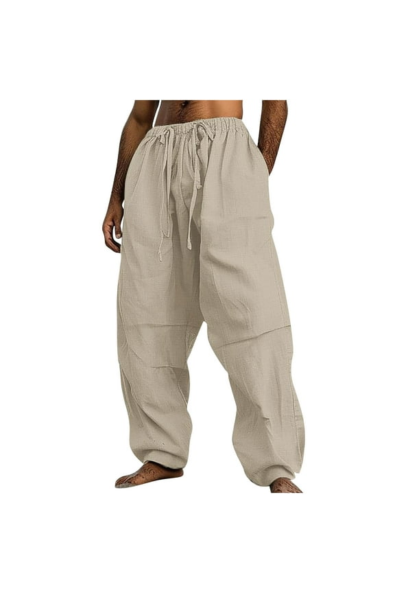 Mens Cotton Linen Pants Yoga Beach Loose Fit Casual Elastic Waist Drawstring Summer Harem Baggy Trousers with Pockets Size 3XL Khaki