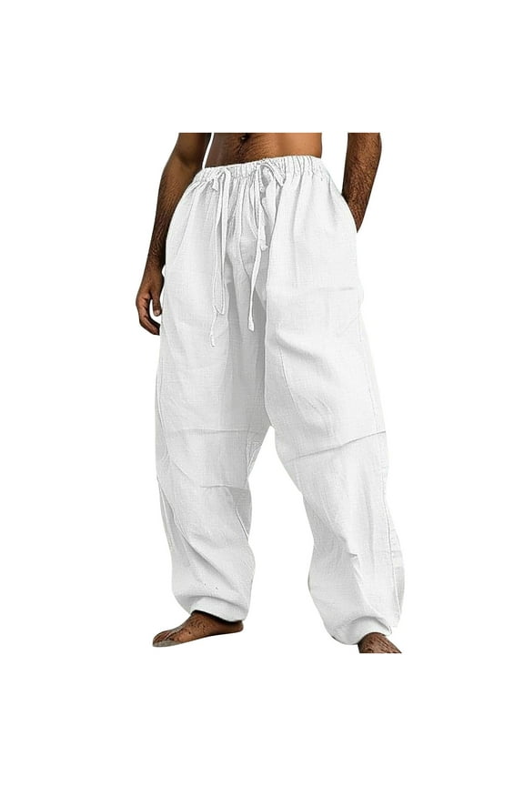 Mens Cotton Linen Pants Yoga Beach Loose Fit Casual Elastic Waist Drawstring Summer Harem Baggy Trousers with Pockets Size 3XL White