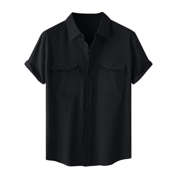 Mens Cotton Linen Shirt Button Down Short Sleeve Lapel Breathable Blouses Summer Work Dress Tops with 2 Pockets