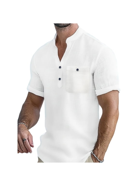 Mens Cotton Linen Shirt With Pocket Short Sleeve Henley Neck Shirts Casual Loose Fit Vacation Top Fashion Designer Versatile All-Match Clothes Style Skin-Friendly Gentle Touch Tops