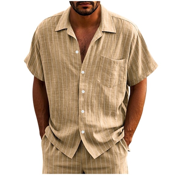 Mens Cotton Linen Shirt Short Sleeve Button Down Summer Beach Vacation Hawaiian Shirts Khaki XXXL