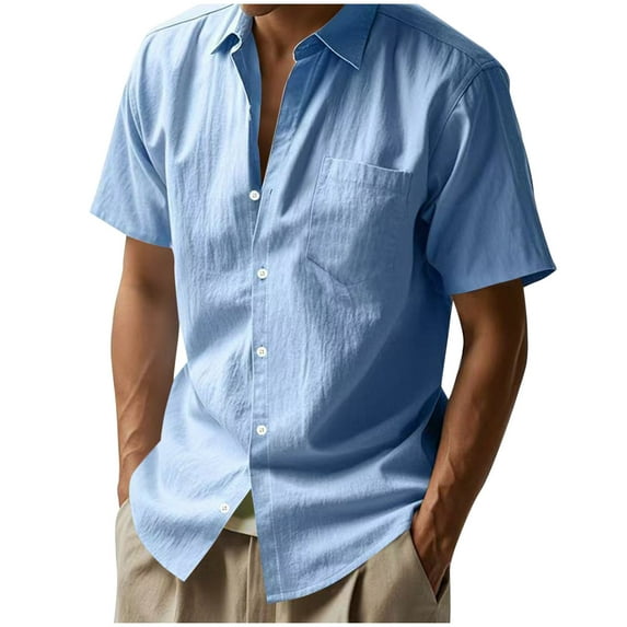 Mens Cotton Linen Shirt, Short Sleeve Shirts for Men Summer Fashion Loose Fit Solid Color Lapel Button Down Dressy Blouses with Pockets S-3XL Mens Clothing Clearance under $10