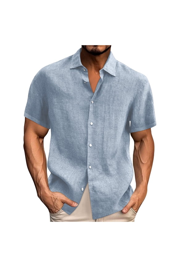 Mens Cotton Linen Shirts Big & Tall S-5X Short Sleeve Plus Size Button-Down Collared Tshirts Casual Solid Loose Comfort Basic Tops
