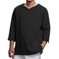 thumbnail image 1 of Mens Cotton Linen Shirts Casual V Neck Short Roll-Up Sleeve Shirt Summer Chinese Style T-Shirts Big and Tall Size M-4XL Black, 1 of 6