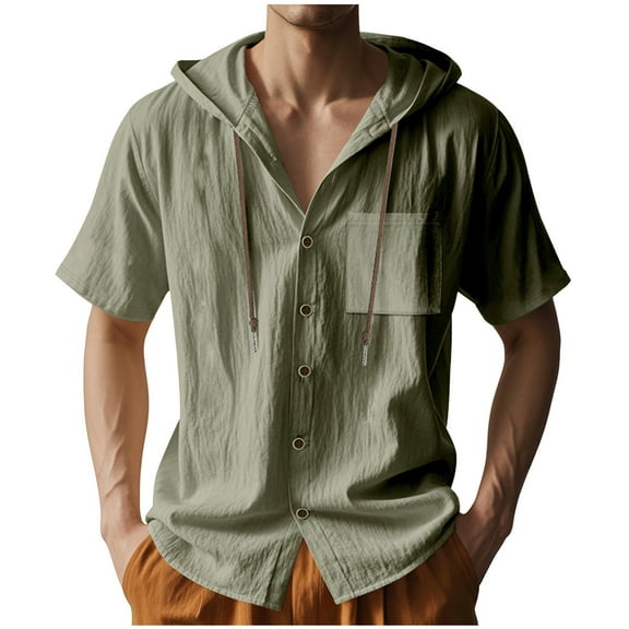 Mens Cotton Linen Shirts Hooded Casual Button Down Shirts Short Sleeve Summer Loose Beach Shirts Tops with Hood