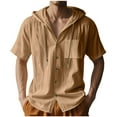 thumbnail image 1 of Mens Cotton Linen Shirts Hooded Casual Button Down Shirts Short Sleeve Summer Loose Beach Shirts Tops with Hood, 1 of 5