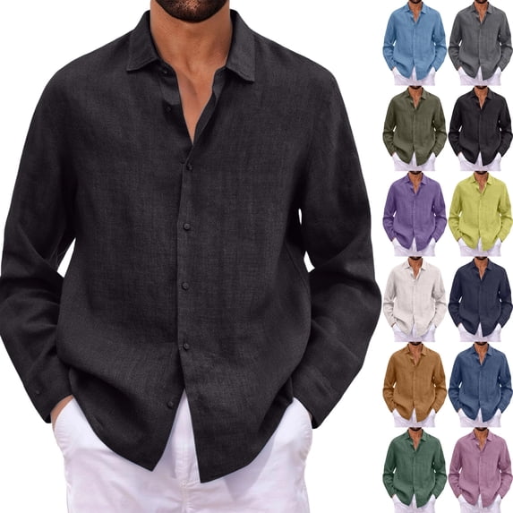 Mens Cotton Linen Shirts Long Sleeve Beach Henley Button Down Shirts Casual Lightweight V Neck Loose Shirts,Black XL