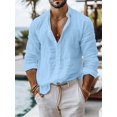 thumbnail image 1 of Mens Cotton Linen Shirts Long Sleeve Casual Henley Shirts Banded Collar Lightweight Solid Color Summer Beach Shirt Holiday M-3XL Blue L, 1 of 6