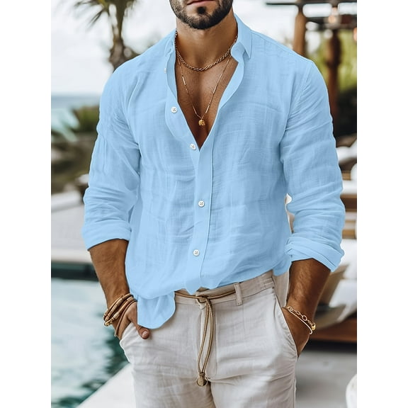 Mens Cotton Linen Shirts Long Sleeve Casual Henley Shirts Banded Collar Lightweight Solid Color Summer Beach Shirt Holiday M-3XL Blue XXL