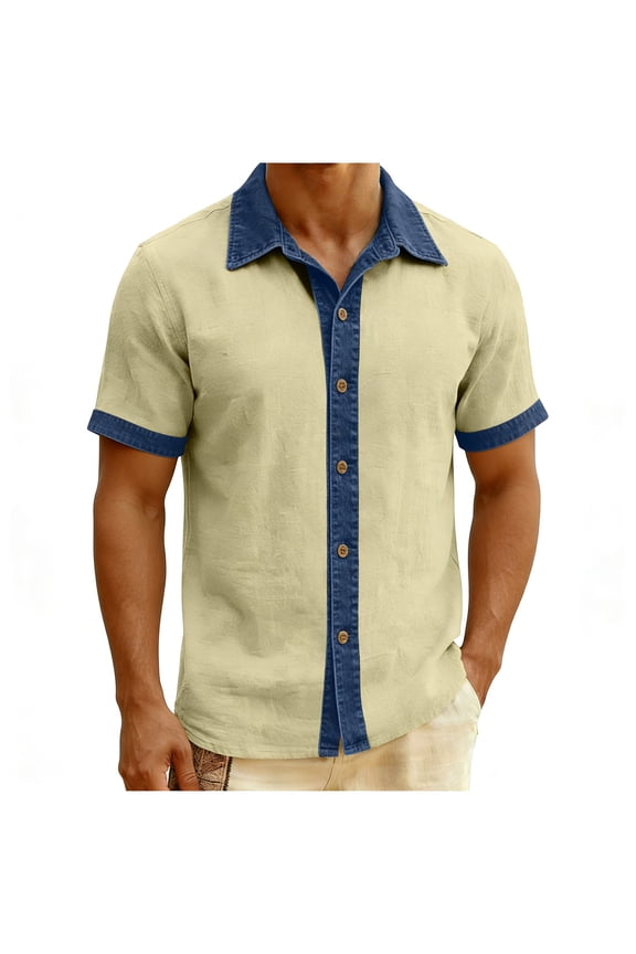 Mens Cotton Linen Shirts Short Sleeve Denim Patchwork Button Down Casual Hippie Summer Shirt Khaki