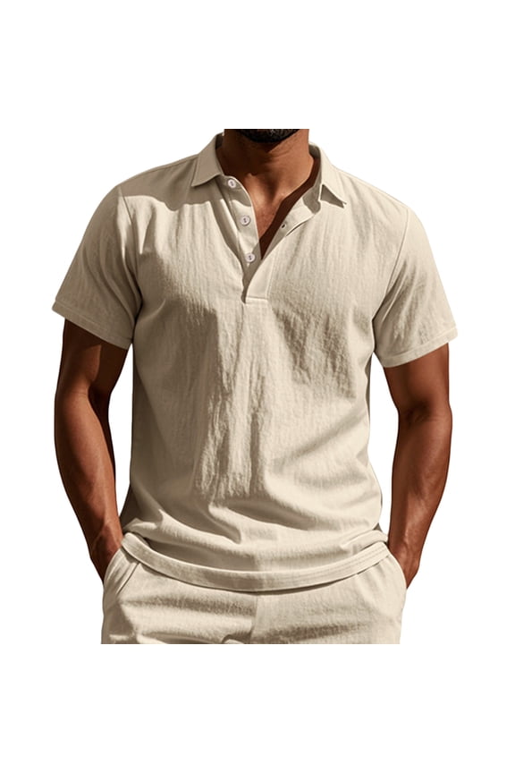 Mens Cotton Linen Shirts Vintage Short Sleeve Lapel V Neck Button Down Polo Shirt Lightweight Breathable Summer Tops