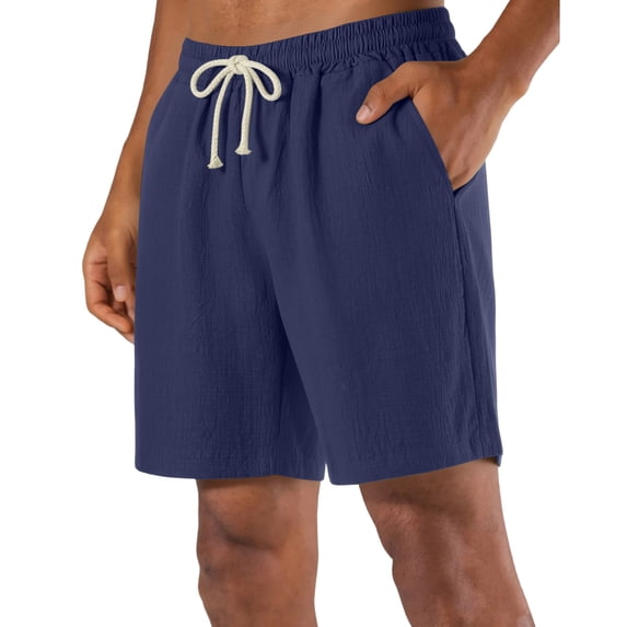 Mens Shorts Cotton Linen Casual Shorts Breathable Lightweight Drawstring Loose Fit Summer Beach Lounge Shorts