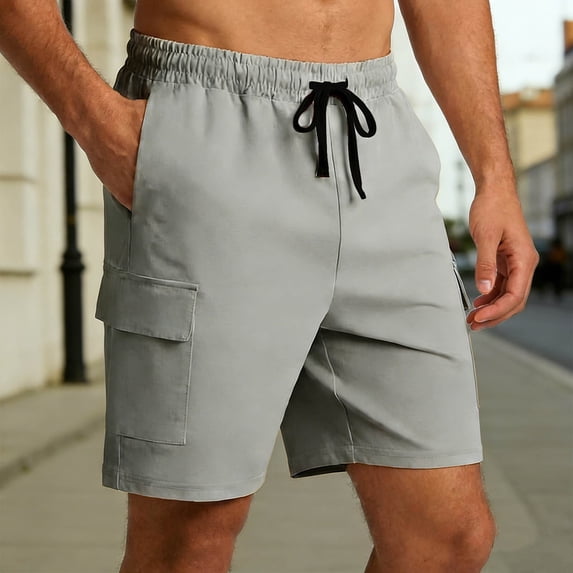 Mens Cotton Linen Shorts Casual Elastic Waist Drawstring Lightweight Summer Beach Cargo Shorts Light Gray S