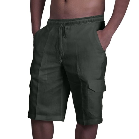 Mens Cotton Linen Shorts Casual Elastic Waist Drawstring Lightweight Summer Beach Cargo Shorts with Multi Pocket Big and Tall Size M-3XL Green
