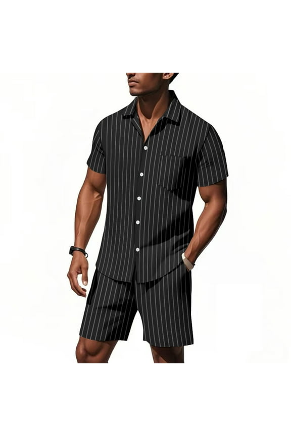 Mens Cotton Linen Shorts and Shirt Sets Tracksuit Set Summer Co Ord Sets Short Sleeve Button Down Shirts & Shorts with Pockets 2 Piece Outfits Vacation Beach Wedding Suits Black L